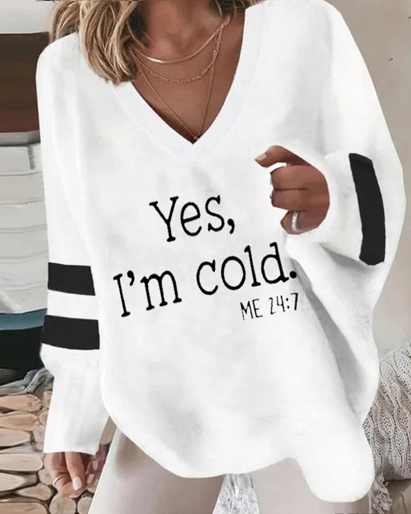 

Plus Size Yes I'm Cold Slogan Print Striped V-Neck Top, White