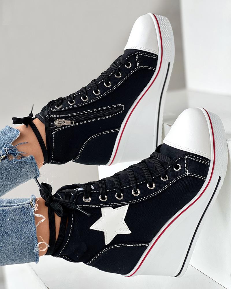 

Eyelet Lace-up Zipper Star Print Wedge Canvas Shoes, Black