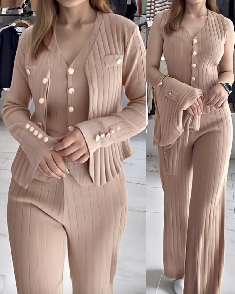 

3 Pcs Outfits V Neck Long Sleeve Knit Coat with Metal Button Detail Tank Top Casual Long Pants Knit Sets, Khaki