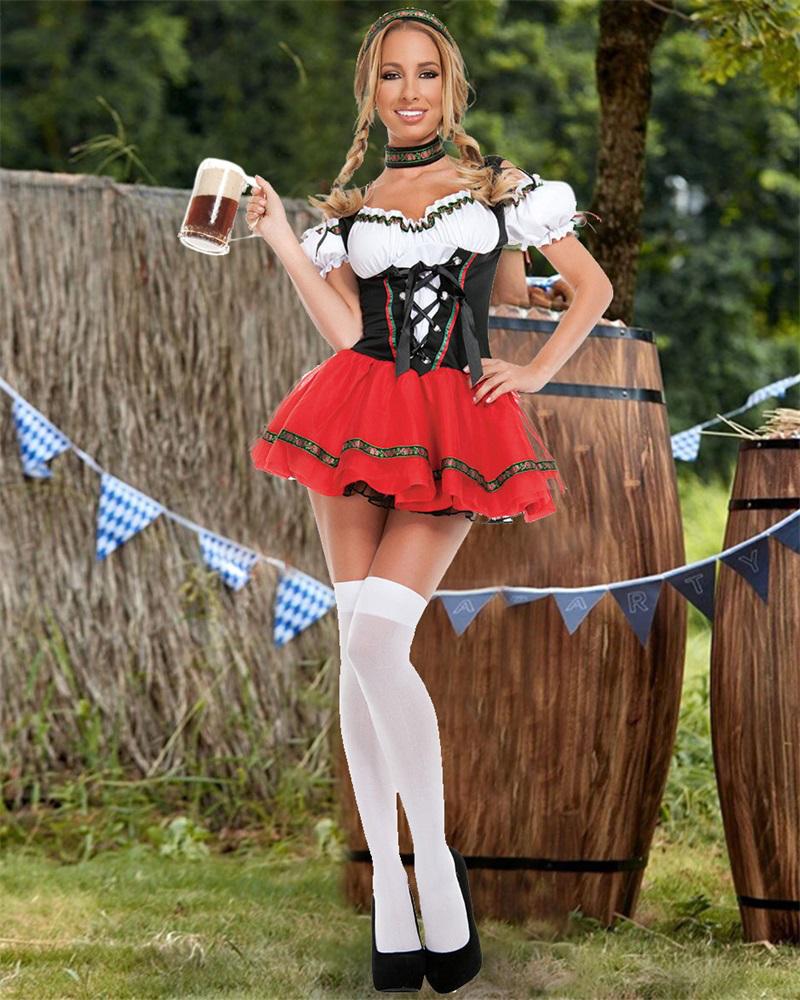 

Halloween Maid Costume Set Oktoberfest Carnival Party Game Cosplay, Red