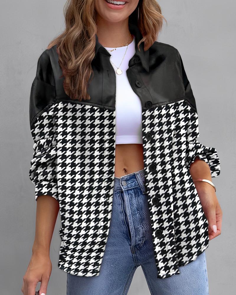 

Houndstooth Print PU Leather Patch Buttoned Coat, Blackwhite