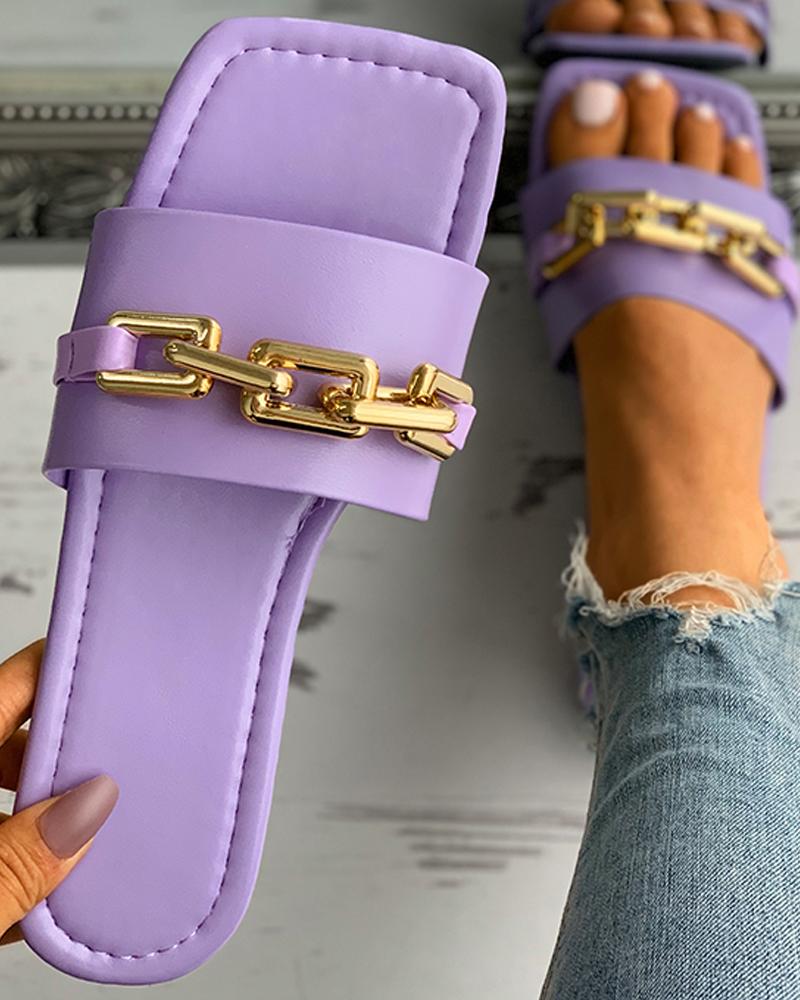 

Chain Strap Deocr Square Toe Flat Slippers, Purple