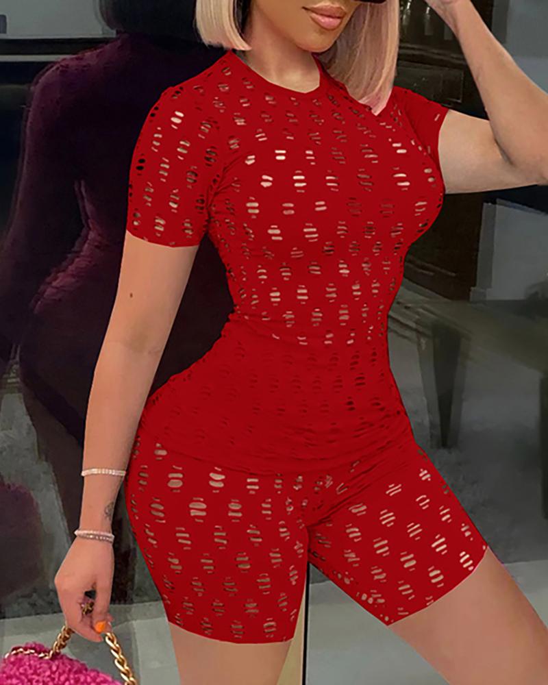 

Hollow Out Short Sleeve Top & Shorts Set, Wine red