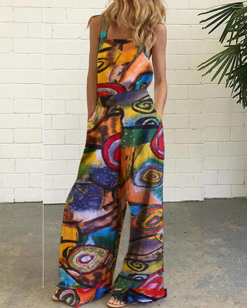 

Creative All Over Print Sling Wide Leg Overall Jumpsuits, Yellow