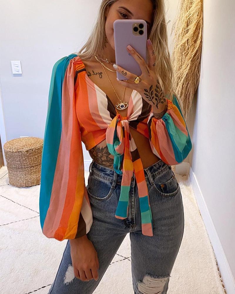 

Striped Colorblock Lantern Sleeve Crop Top, Multicolor
