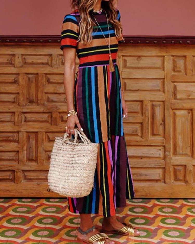 

Multicolor Stripes Short Sleeve Casual Dress