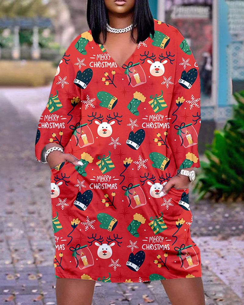 

Plus Size Christmas Graphic Elk Print Casual Dress, Red