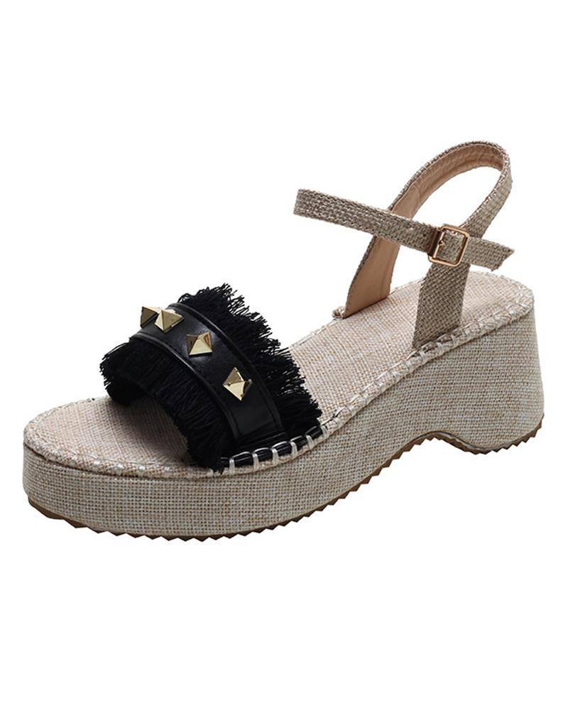 

Round-toe Weave Splicing Studded Wedge Sandals, Black