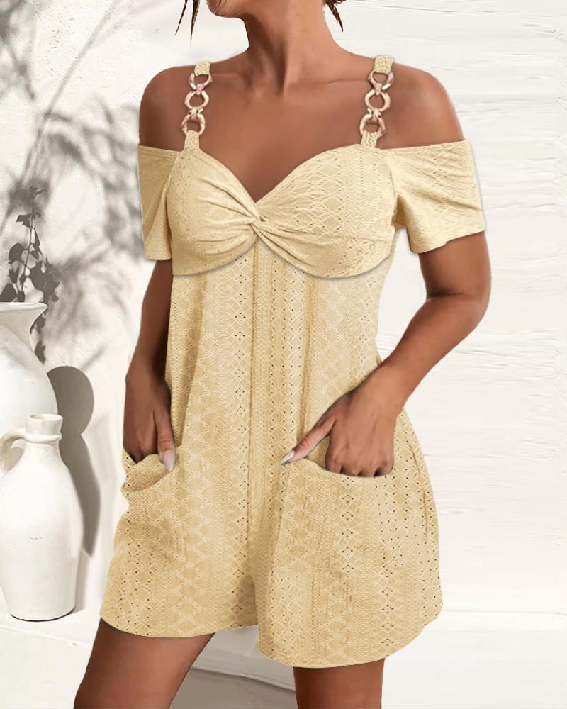 

Eyelet Embroidery Twisted Cold Shoulder Romper, Yellow