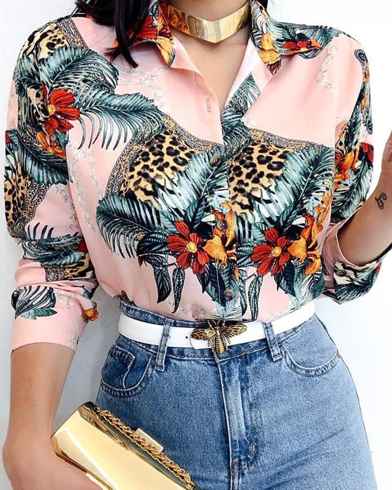 

Tropical Print Long Sleeve Button Design Shirt, Pink