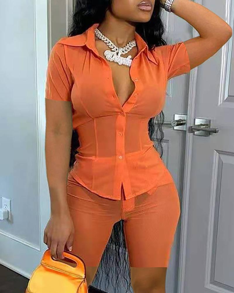 

Plain Pocket Design Sheer Mesh Top & Shorts Sets, Orange