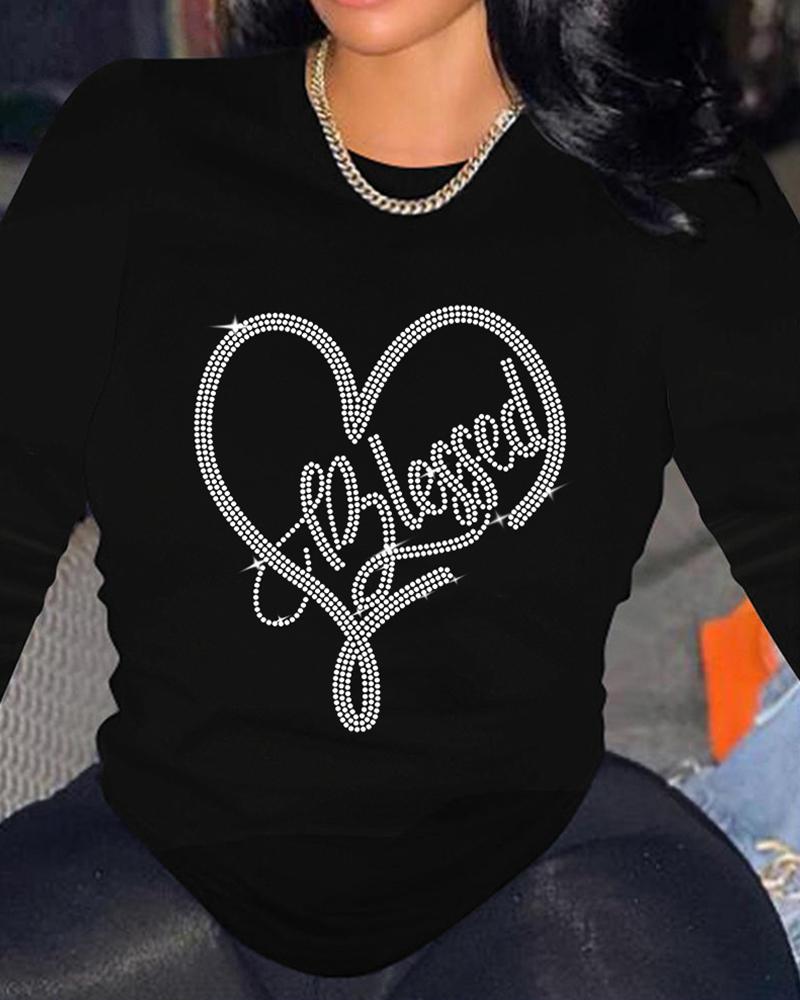 

Rhinestone Letter Heart Pattern Casual Top, Black