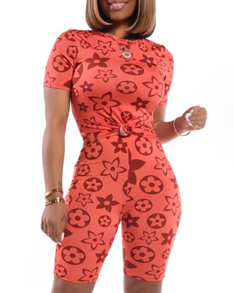 

Print Short Sleeve Casual Top & Shorts Set, Red