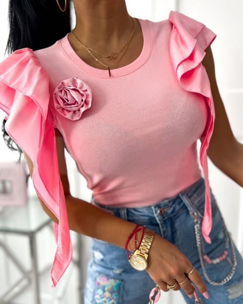 

Rose Detail Ruffle Hem Round Neck Top, Pink