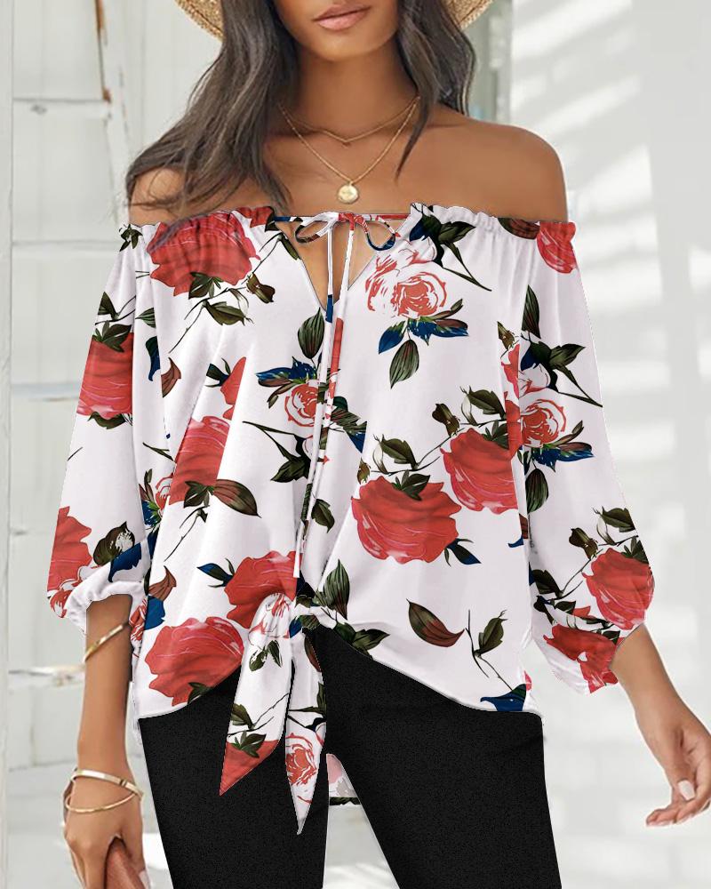 

Off Shoulder Floral Print Long Sleeve Top, Multicolor