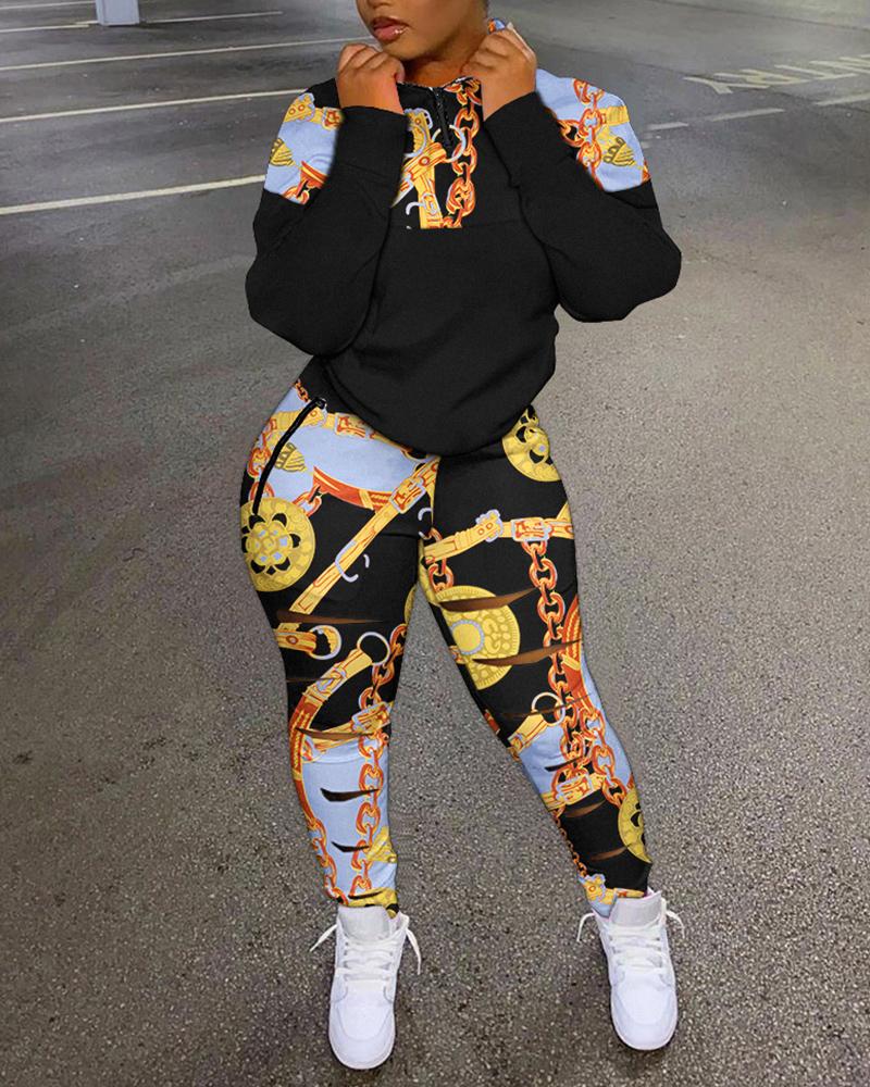 

Scarf Chain Print Long Sleeve Top & Ladder Cutout Pants Set, Multicolor