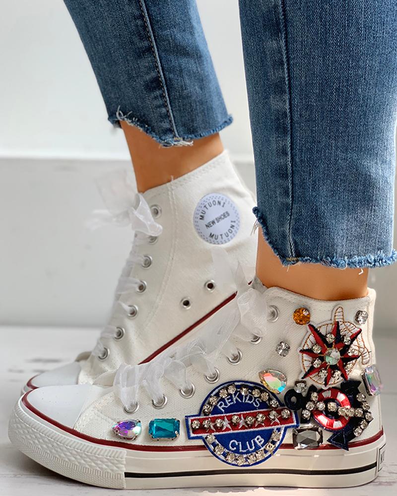 

Rhinestone Mesh Lace-Up Casual Sneakers, White