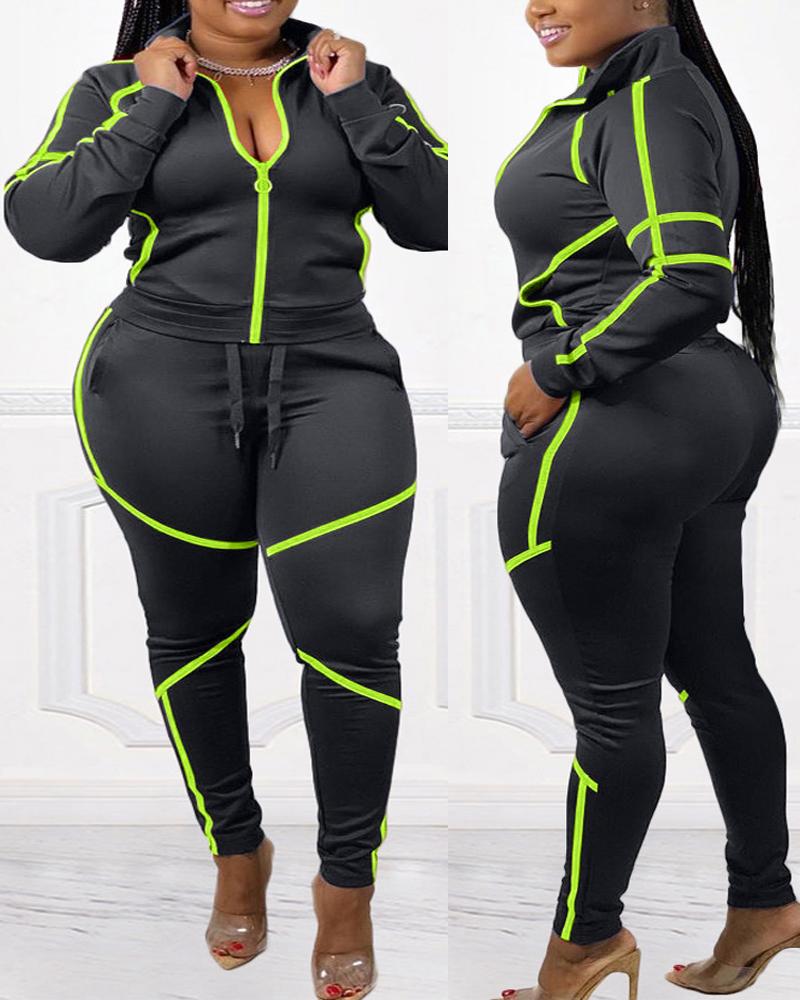 

Plus Size Contrast Paneled Zip Up Top & Pants Set, Black