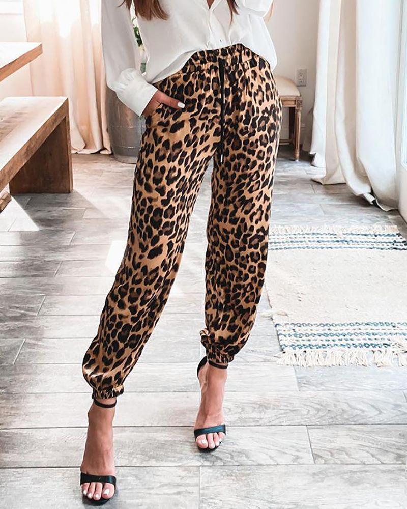 

Drawstring Cheetah Print Pocket Design Pants, Yellow