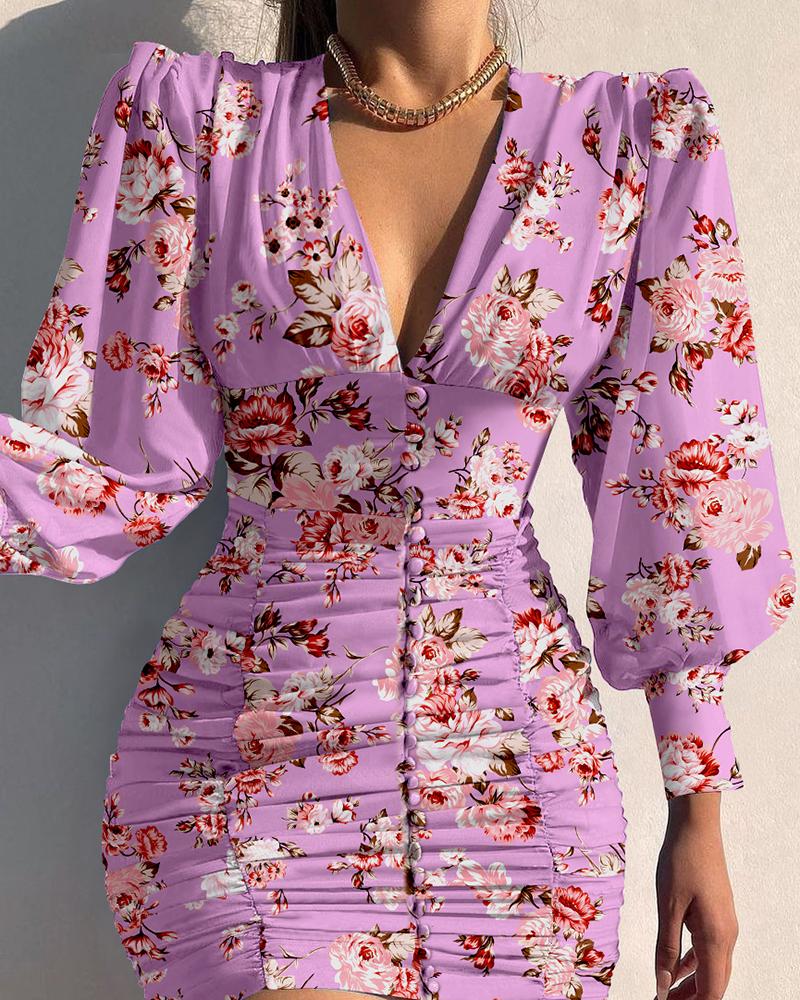 

Puff Lantern Sleeve Floral Print Button Ruched Bodycon Dress, Multicolor