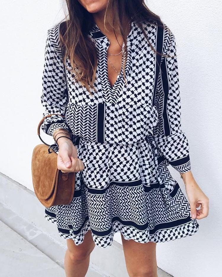 

All Over Print Long Sleeve Elastic Waist Casual Dress, Black