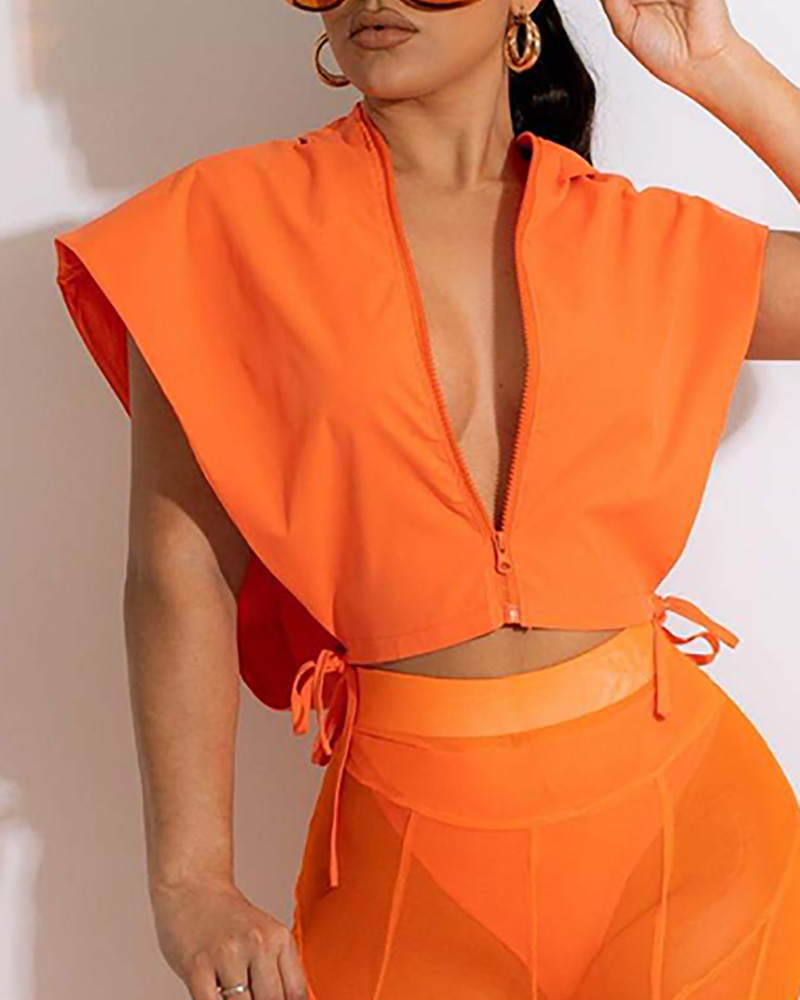 

Zipper Front Cape Sleeve Side Slit Hooded Top, Orange