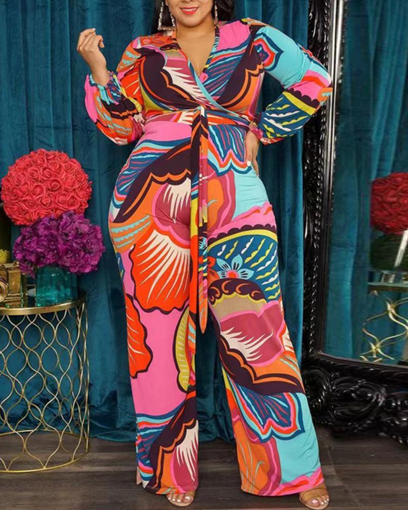 

Plus Size Graphic Print Long Sleeve Belted Jumpsuit, Hot pink