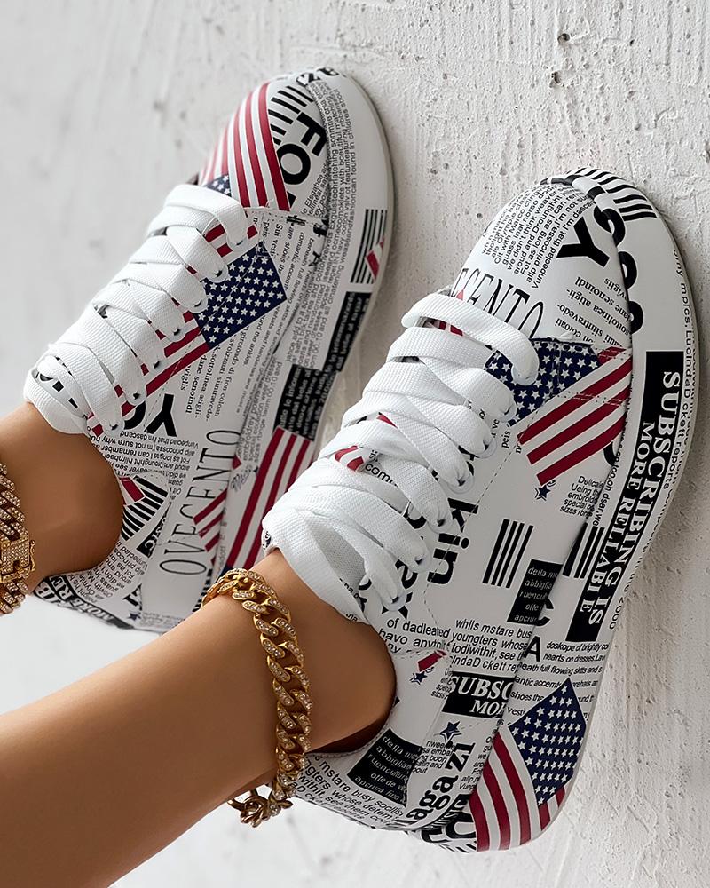 

Independence Day Newpaper Flag Print Lace-up Casual Sneakers, Multicolor