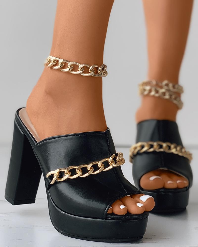 

Chain Decor Peep Toe Chunky Heels Sandals, Black