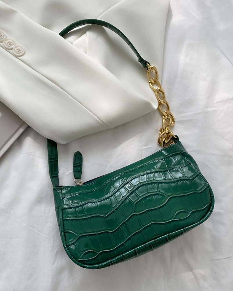 

Chain Decor Croc Embossed Baguette Bag, Green