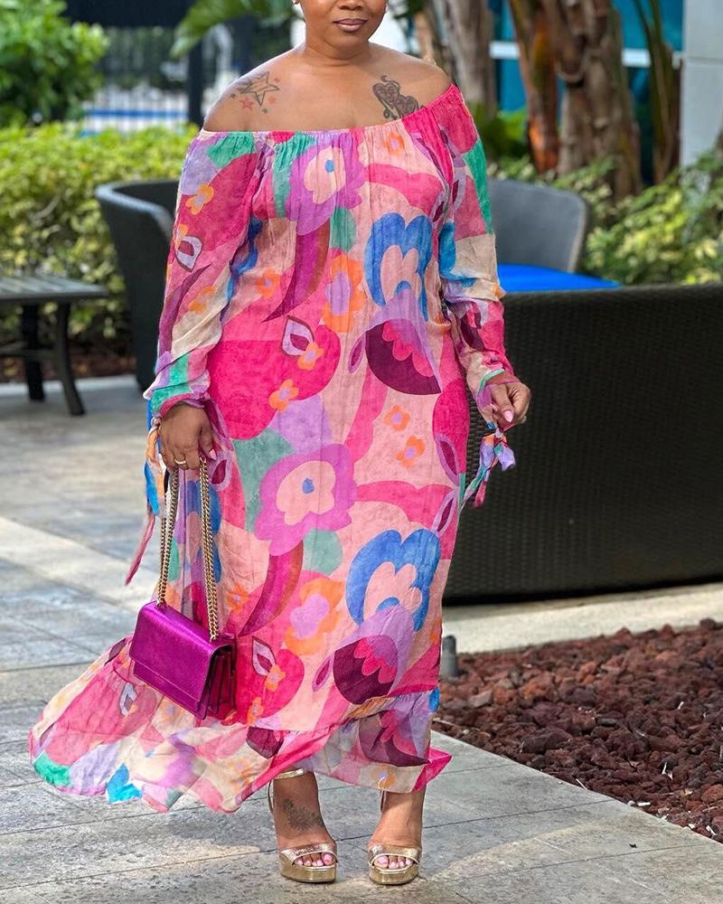 

Plus Size Floral Print Off Shoulder Dress, Hot pink