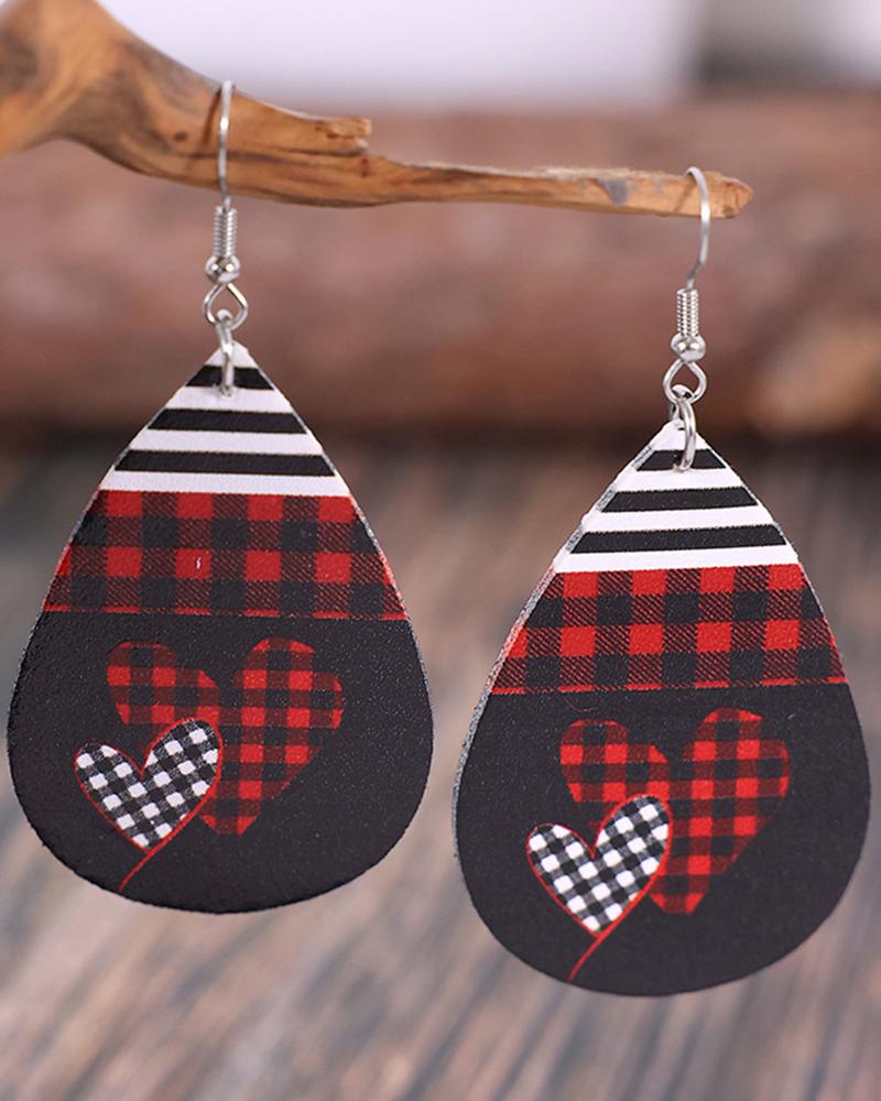 

1Pair Valentine's Day Plaid Heart Print Waterdrop Earrings, Red