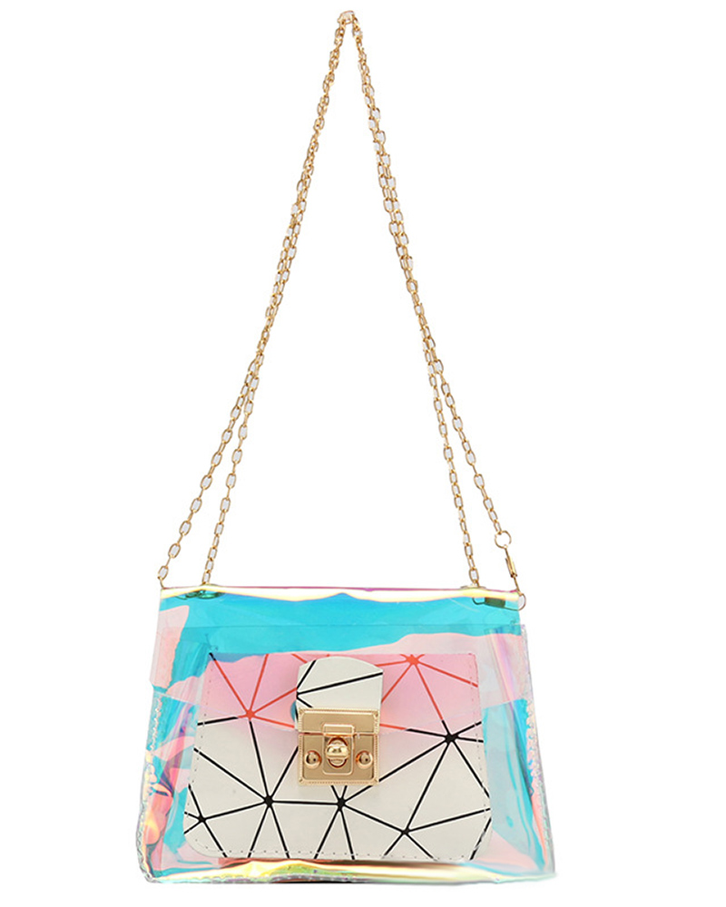 

Holographic Twist Lock Square Pattern Front Crossbody Bag, White