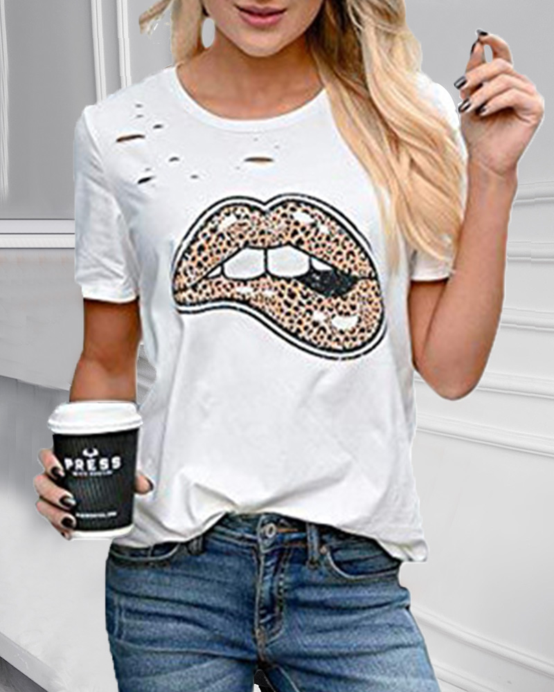 

Leopard Lip Print Short Sleeve T-shirt, Style7