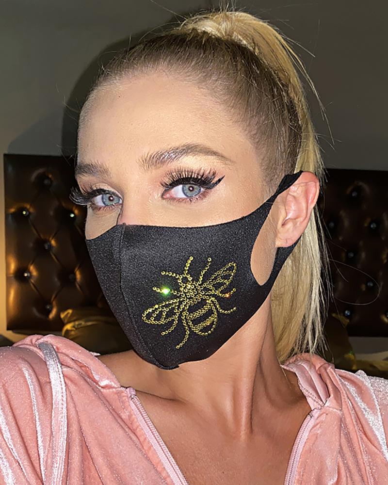 

Bee Pattern Rhinestone Breathable Reusable Face Mask, Gold
