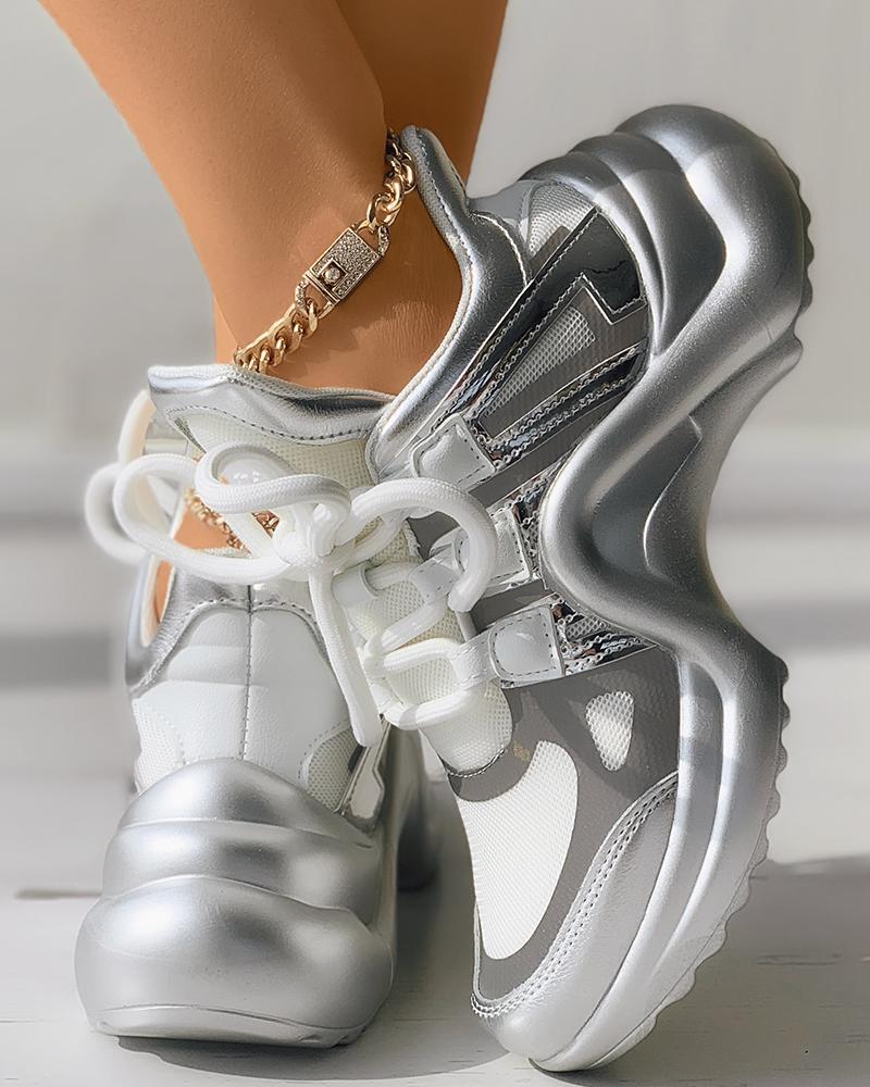 

Colorblock Lace-up Front Wedge Sneaker, Silver