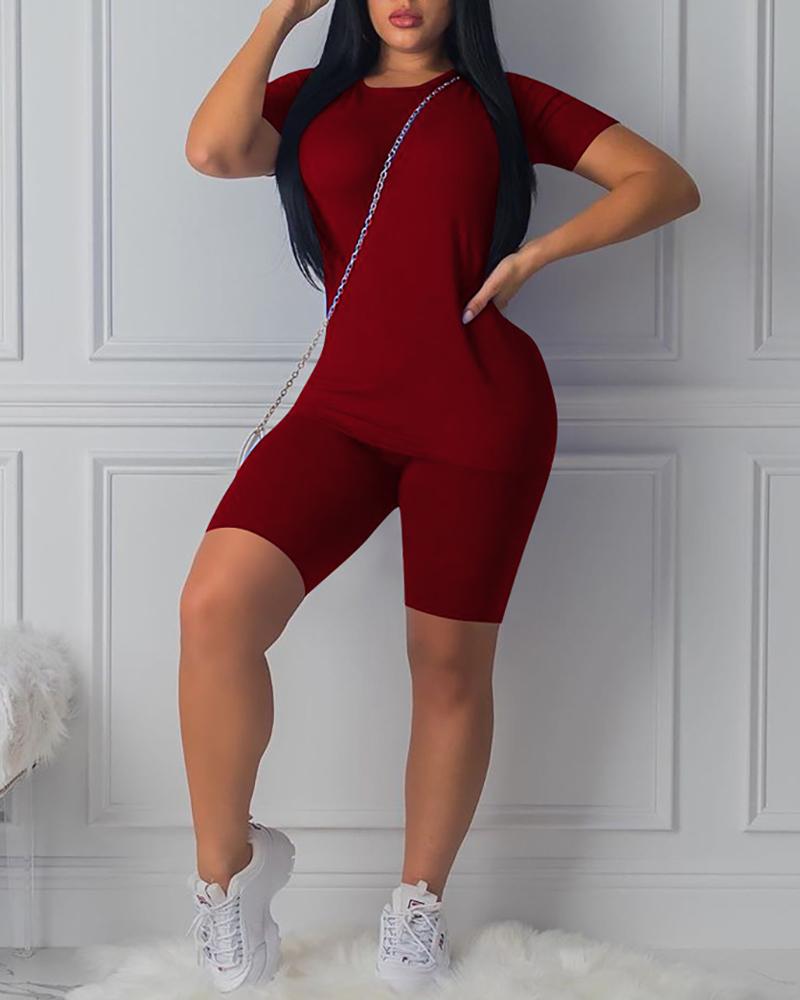 

Solid Short Sleeve Top & Shorts Set, Wine red