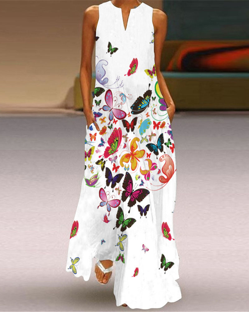 

Floral Butterfly Print Pocket Detail Casual Dress, Style2