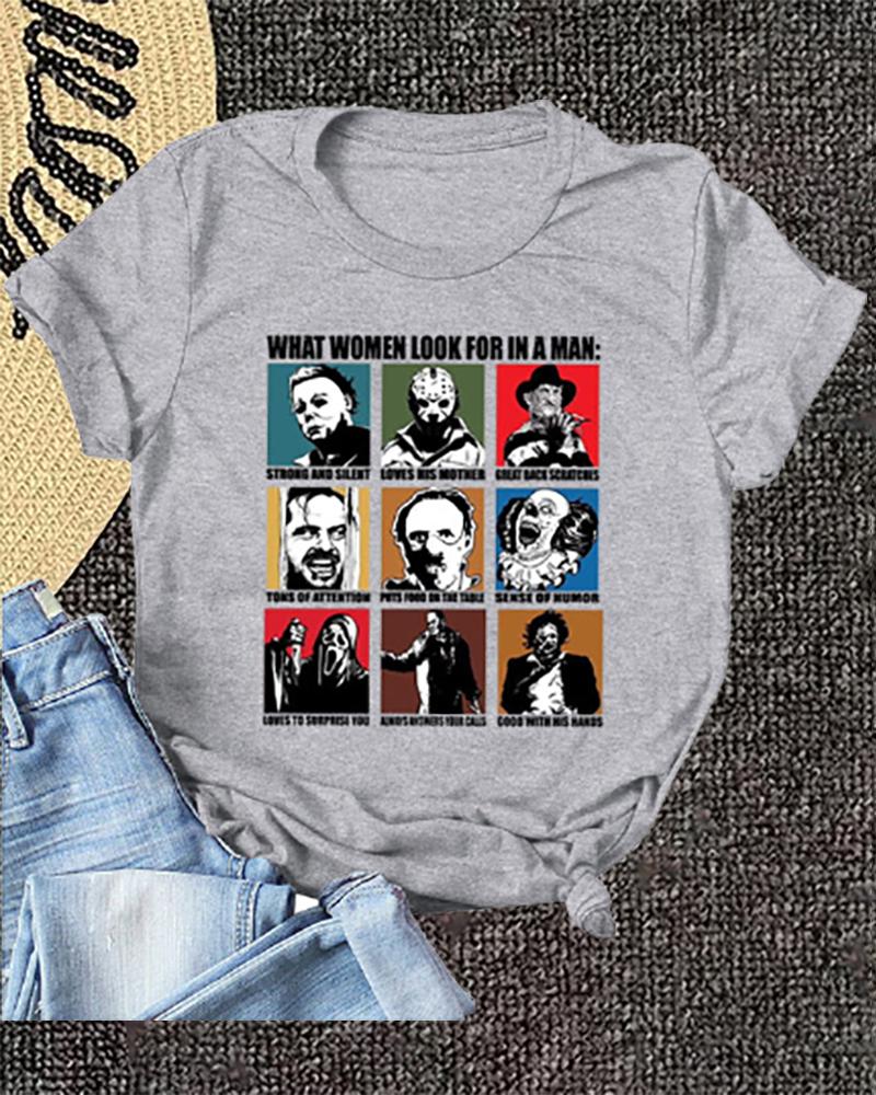 

Halloween Graphic Letter Print O Neck Top, Gray