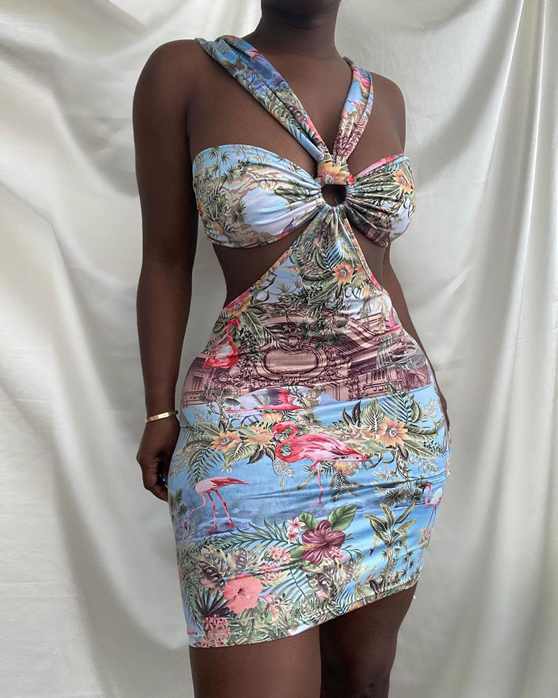 

Halter O-Ring Cutout Waist Tropical Landscape Print Dress, Blue