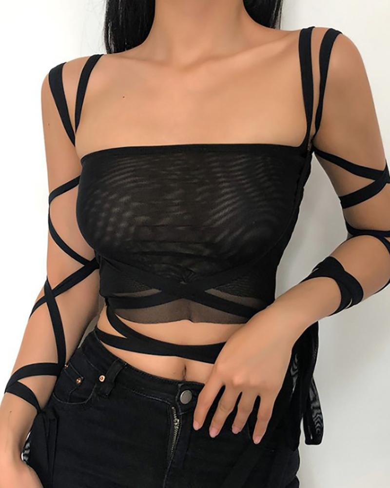 

Lace-up Sheer Mesh Crop Top, Black