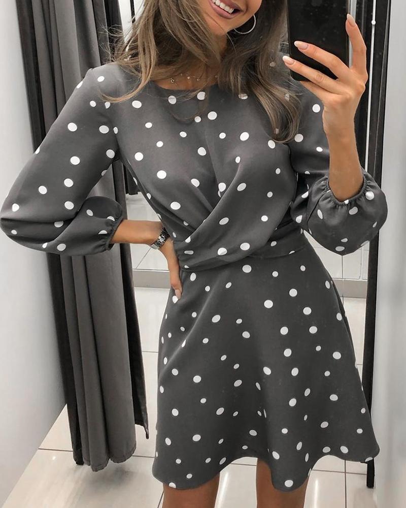 

Long Sleeve Round Neck Dots Dress, Dark grey