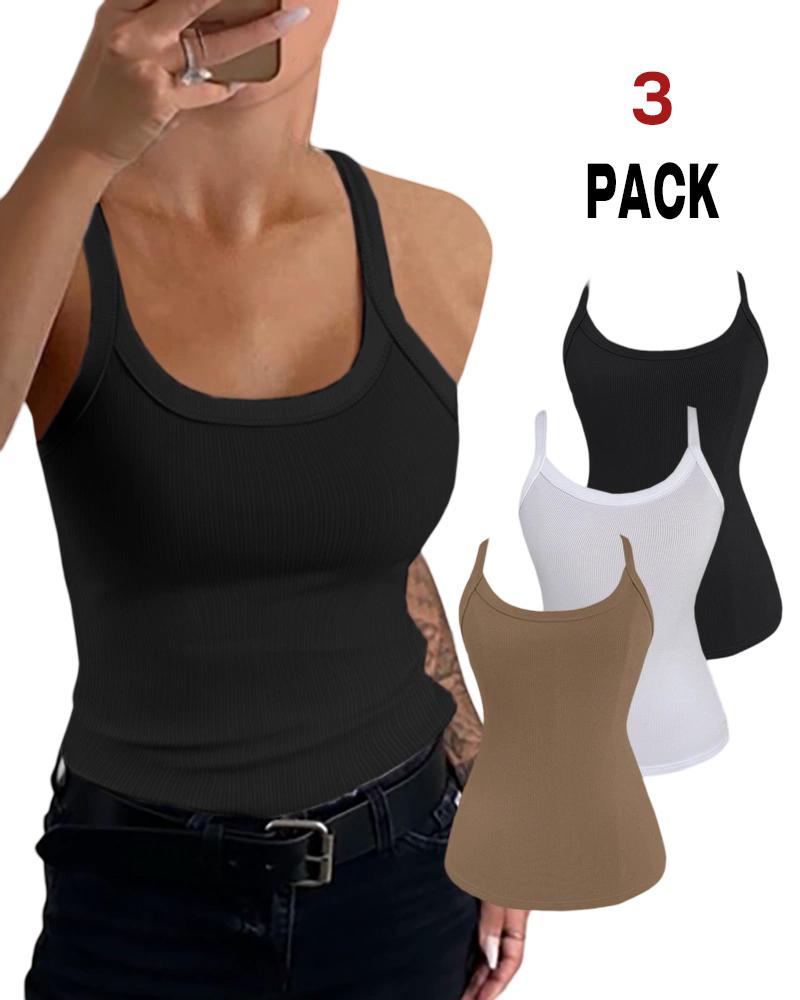 

3 Pieces Scoop Neck Spaghetti Strap Ribbed Top Casual Sleeveless Slim Fit Tank, Style3