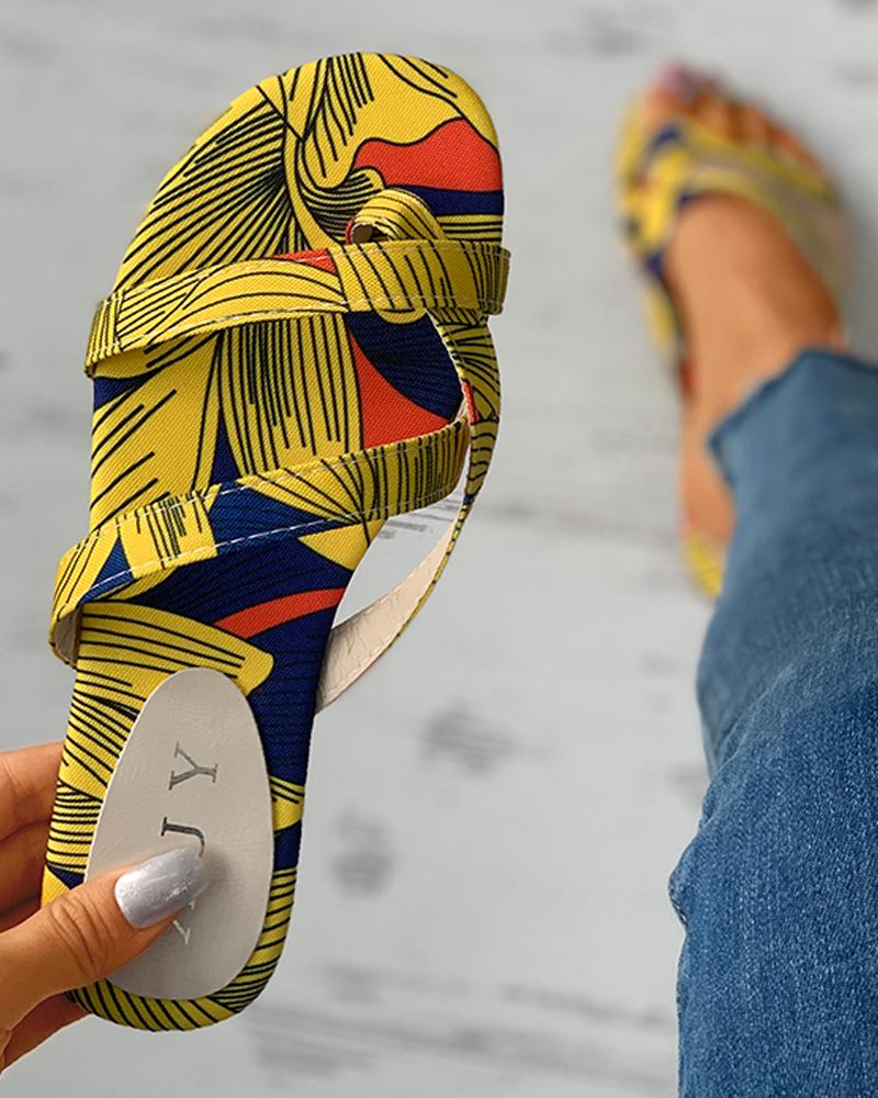

Print Open Toe Casual Flat Sandals, Yellow