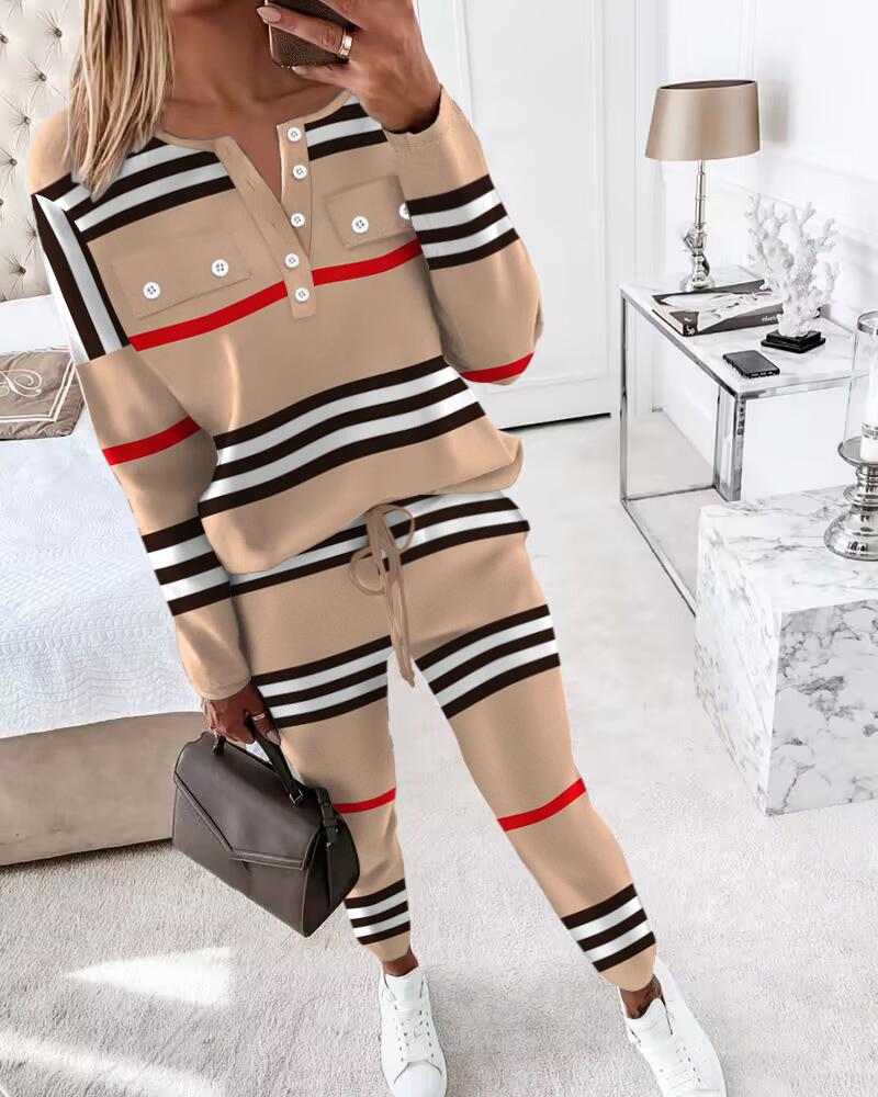 

Striped Colorblock Buttoned Top & Drawstring Pants Set, Khaki