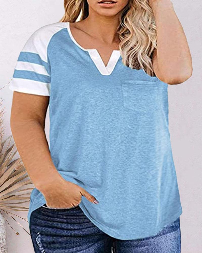 

Plus Size Contrast Paneled Pocket Design Casual T-shirt, Blue