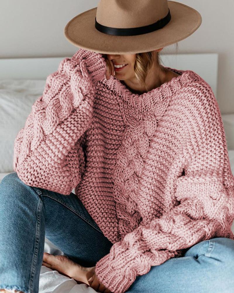 

Casual Solid V-neck Loose Sweater, Pink