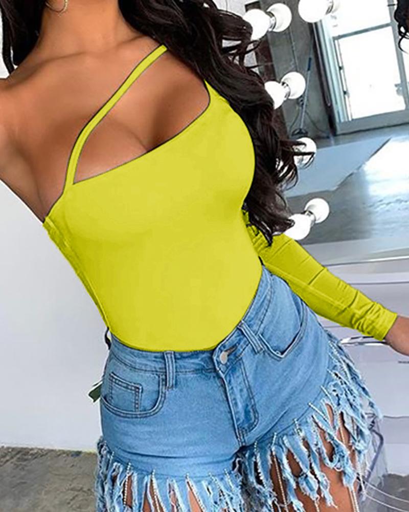 

One Shoulder Solid Slim Bodysuit, Yellow