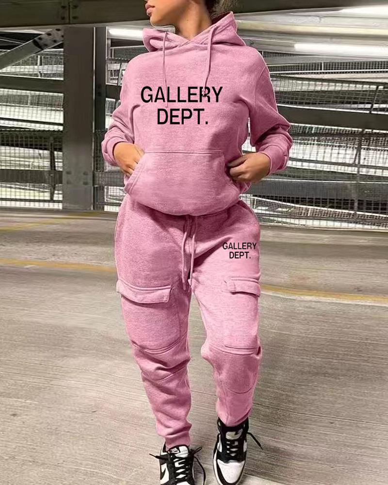 

Letter Print Long Sleeve Casual Hoodie & Pants Set, Pink