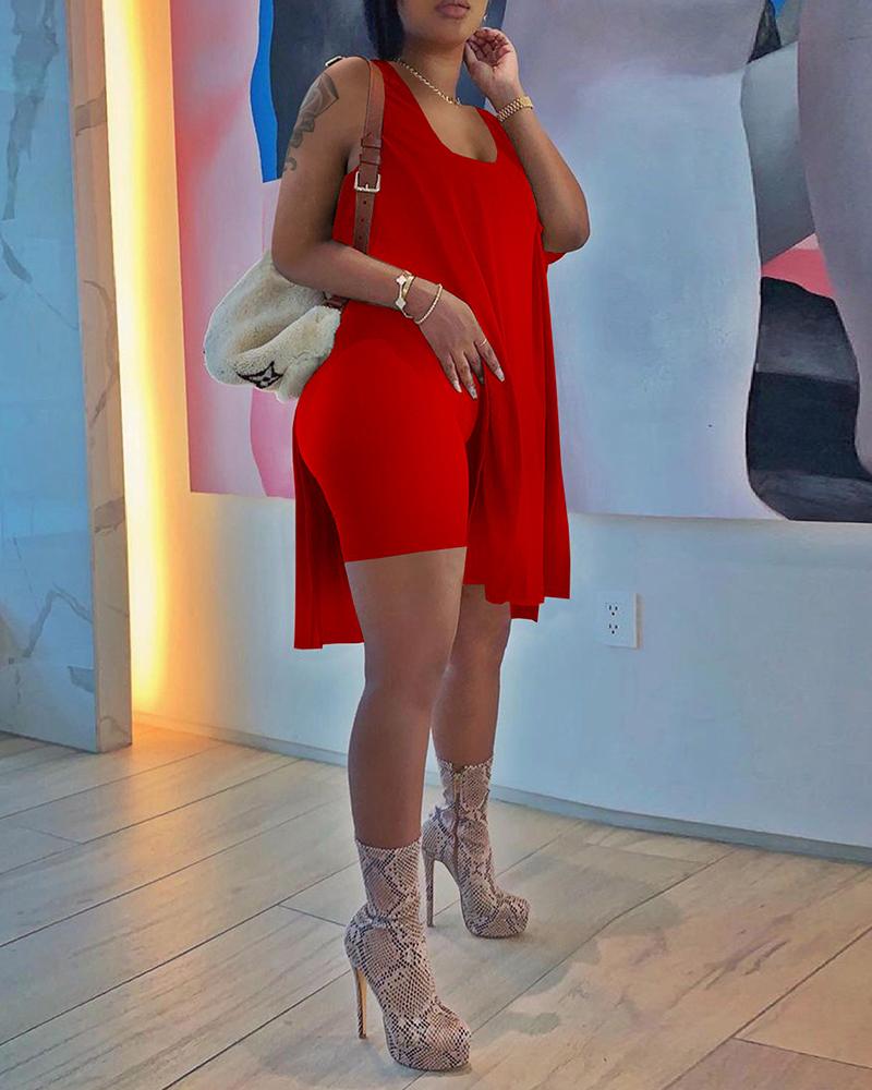 

High Slit Tank Top & Skinny Shorts Set, Wine red